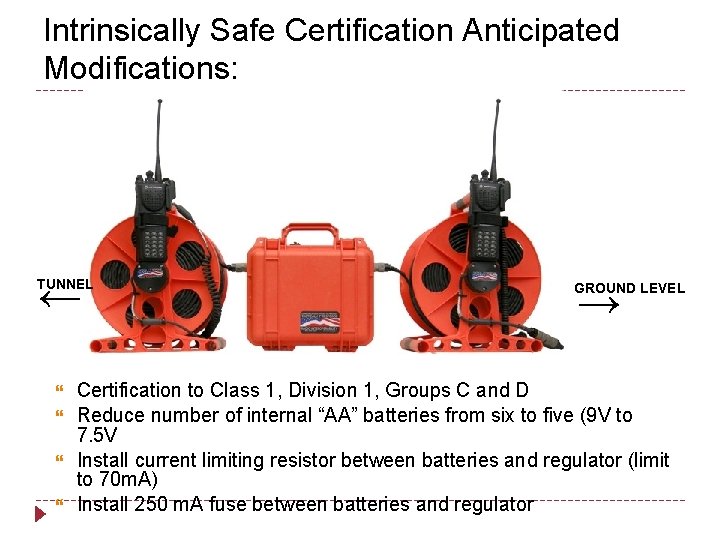 Intrinsically Safe Certification Anticipated Modifications: ← TUNNEL → GROUND LEVEL Certification to Class 1,