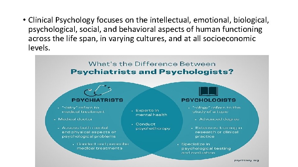  • Clinical Psychology focuses on the intellectual, emotional, biological, psychological, social, and behavioral