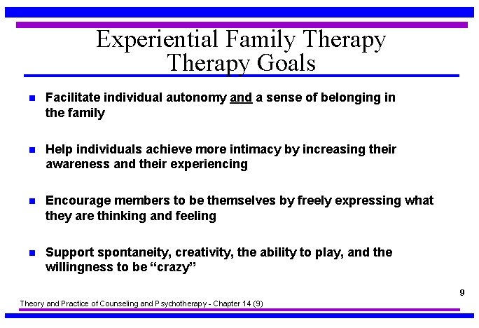 Experiential Family Therapy Goals n Facilitate individual autonomy and a sense of belonging in