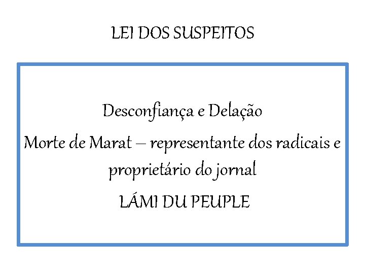 LEI DOS SUSPEITOS Desconfiança e Delação Morte de Marat – representante dos radicais e