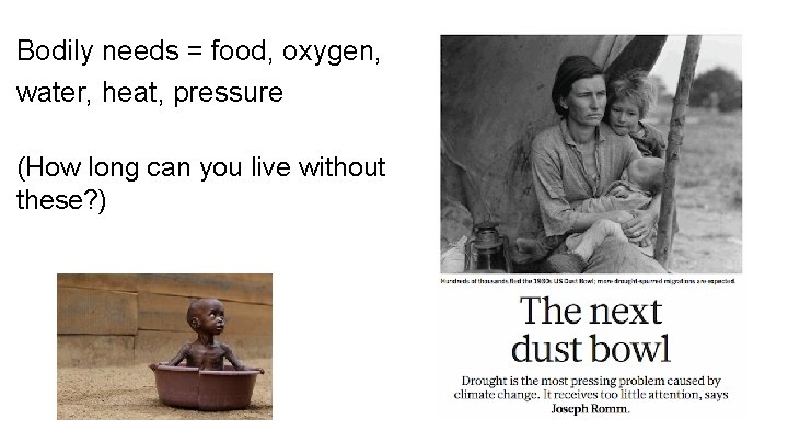 Bodily needs = food, oxygen, water, heat, pressure (How long can you live without Bodily needs = food, oxygen, water, heat, pressure (How long can you live without
