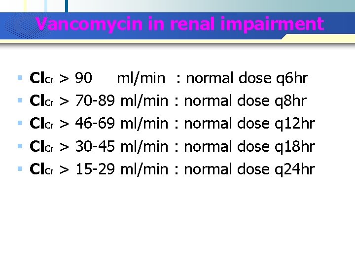 Company Logo Vancomycin in renal impairment § § § Cl. Cr > > >