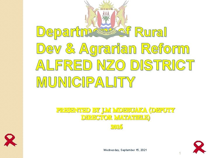 Department of Rural Dev & Agrarian Reform ALFRED NZO DISTRICT MUNICIPALITY PRESENTED BY J.