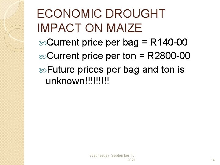 ECONOMIC DROUGHT IMPACT ON MAIZE Current price per bag = R 140 -00 Current