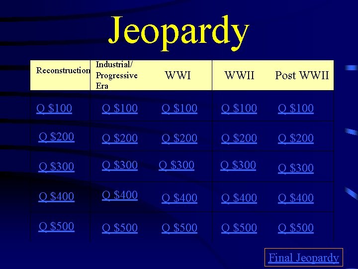 Jeopardy Reconstruction Industrial/ Progressive Era WWII Post WWII Q $100 Q $100 Q $200