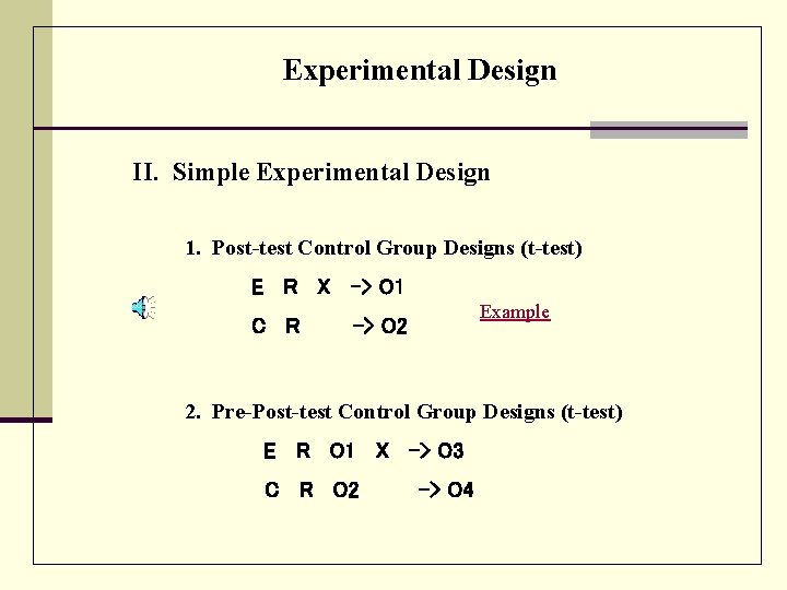 Experimental Design II. Simple Experimental Design 1. Post-test Control Group Designs (t-test) E R