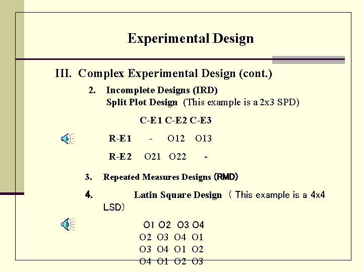 Experimental Design III. Complex Experimental Design (cont. ) 2. Incomplete Designs (IRD) Split Plot