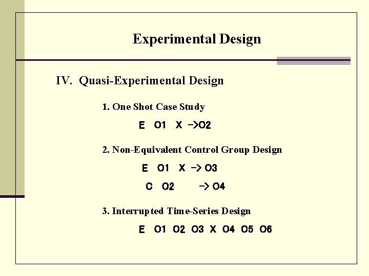 Experimental Design IV. Quasi-Experimental Design 1. One Shot Case Study E O 1 X