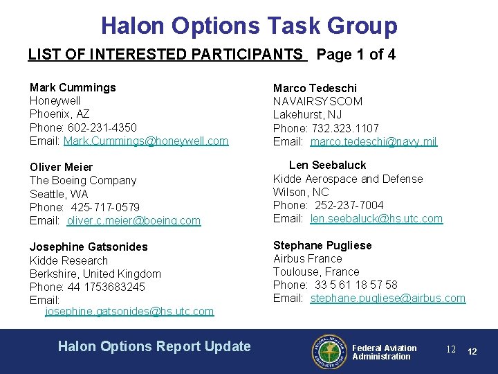 Halon Options Task Group LIST OF INTERESTED PARTICIPANTS Page 1 of 4 Mark Cummings