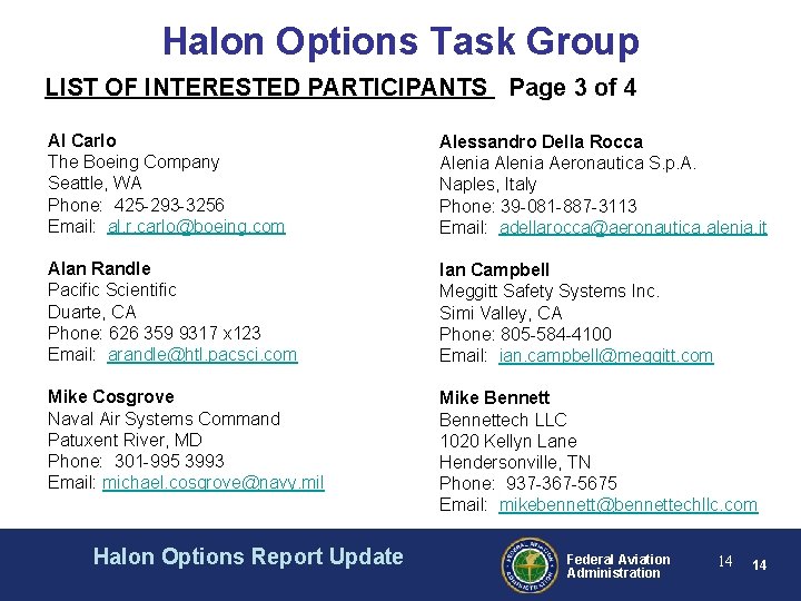 Halon Options Task Group LIST OF INTERESTED PARTICIPANTS Page 3 of 4 Al Carlo