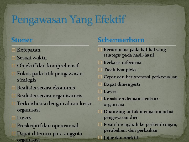 Pengawasan Yang Efektif Stoner Schermerhorn � Ketepatan � Beriorentasi pada hal-hal yang � Sesuai