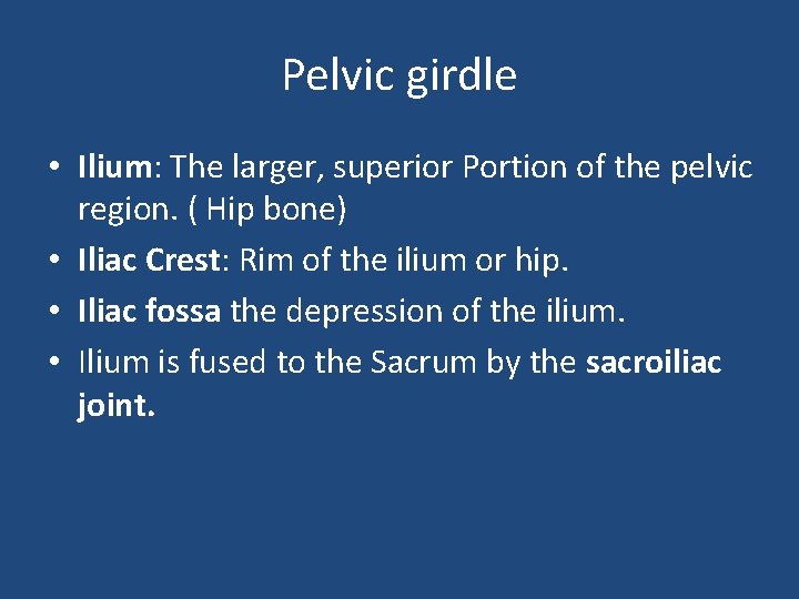 Pelvic girdle • Ilium: The larger, superior Portion of the pelvic region. ( Hip