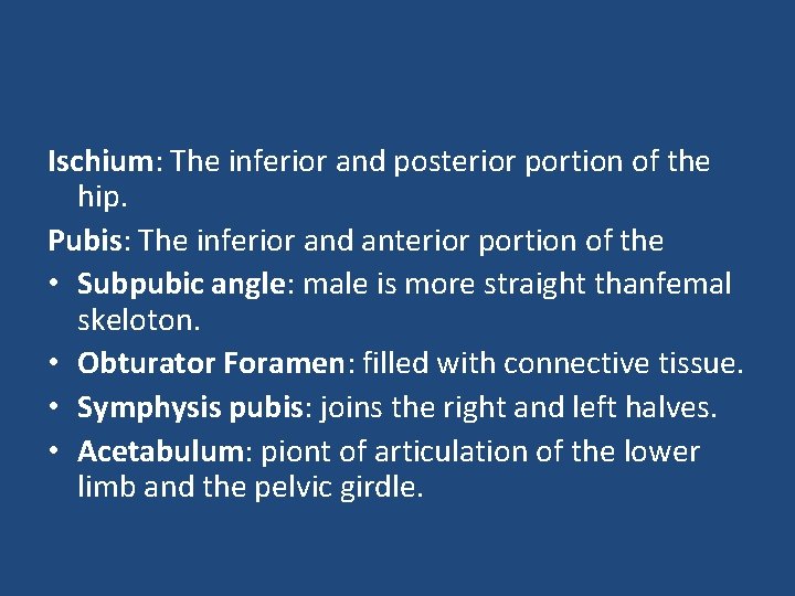 Ischium: The inferior and posterior portion of the hip. Pubis: The inferior and anterior