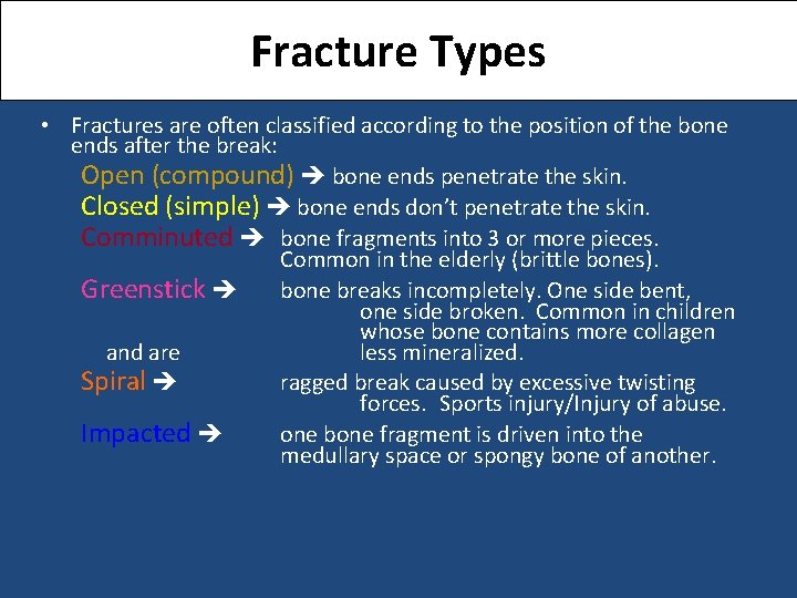 Fracture Types • Fractures are often classified according to the position of the bone