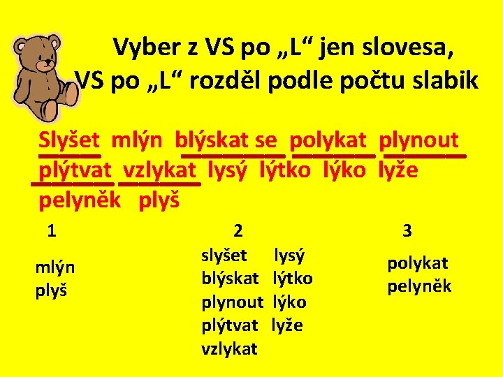 Vyber z VS po „L“ jen slovesa, VS po „L“ rozděl podle počtu slabik