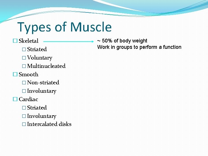 Types of Muscle � Skeletal � Striated � Voluntary � Multinucleated � Smooth �