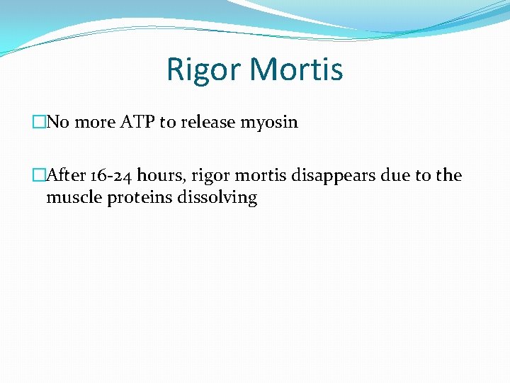 Rigor Mortis �No more ATP to release myosin �After 16 -24 hours, rigor mortis