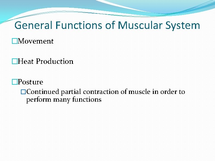 General Functions of Muscular System �Movement �Heat Production �Posture �Continued partial contraction of muscle