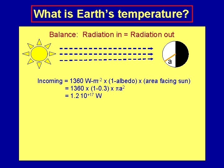 What is Earth’s temperature? Balance: Radiation in = Radiation out a Incoming = 1360
