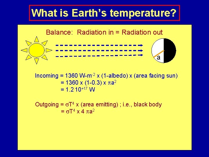 What is Earth’s temperature? Balance: Radiation in = Radiation out a Incoming = 1360