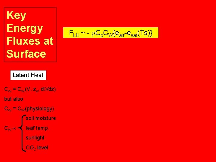 Key Energy Fluxes at Surface Latent Heat CW = CW(V, zo, dq/dz) but also