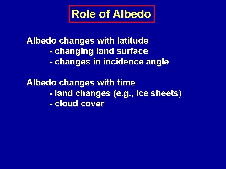 Role of Albedo changes with latitude - changing land surface - changes in incidence