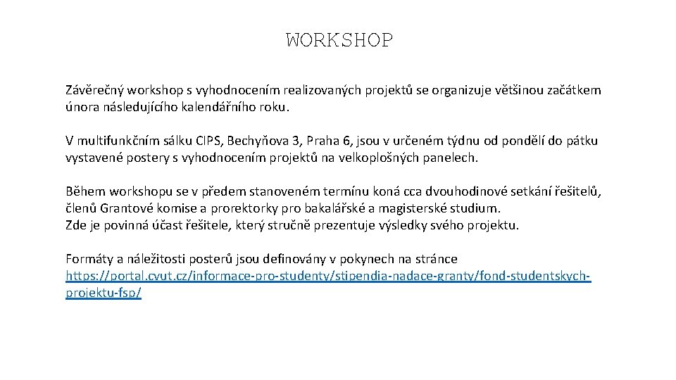 WORKSHOP Závěrečný workshop s vyhodnocením realizovaných projektů se organizuje většinou začátkem února následujícího kalendářního