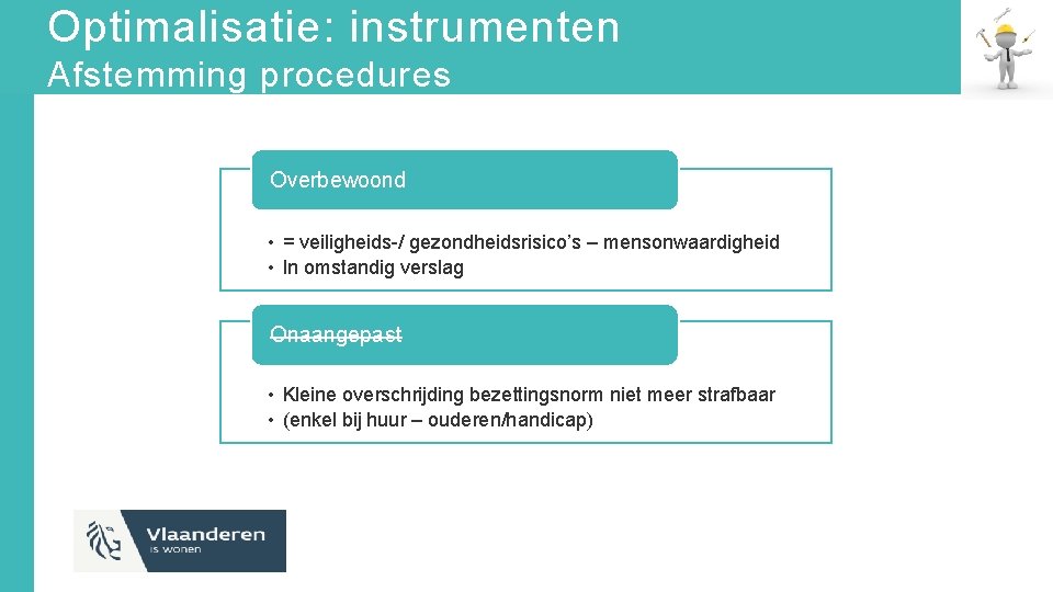 Optimalisatie: instrumenten Afstemming procedures Overbewoond • = veiligheids-/ gezondheidsrisico’s – mensonwaardigheid • In omstandig