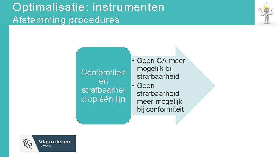 Optimalisatie: instrumenten Afstemming procedures • Geen CA meer mogelijk bij Conformiteit strafbaarheid en •