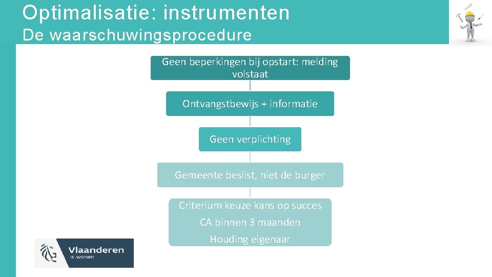 Optimalisatie: instrumenten De waarschuwingsprocedure Geen beperkingen bij opstart: melding volstaat Ontvangstbewijs + informatie Geen