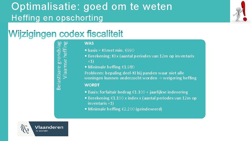 Optimalisatie: goed om te weten Belastbare grondslag Vlaamse heffing Heffing en opschorting WAS •