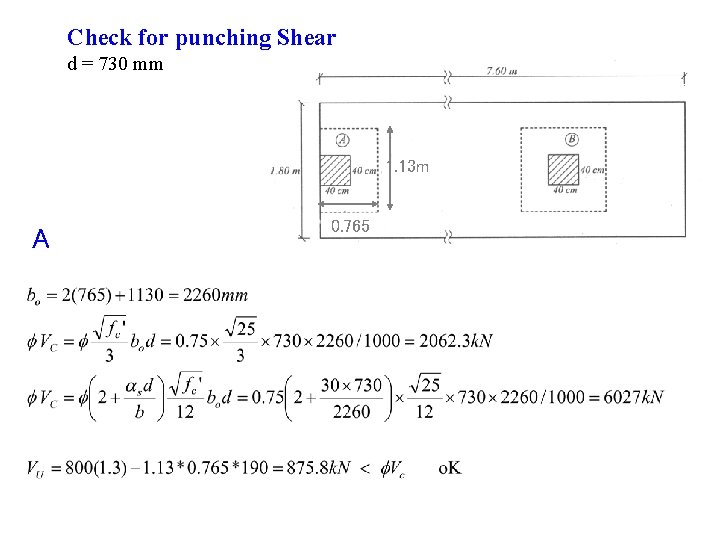 Check for punching Shear d = 730 mm 1. 13 m A 0. 765