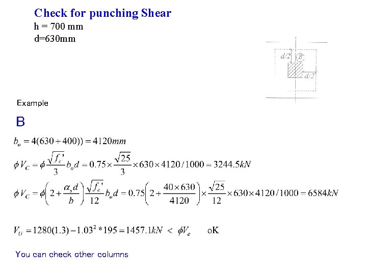 Check for punching Shear h = 700 mm d=630 mm Example B You can