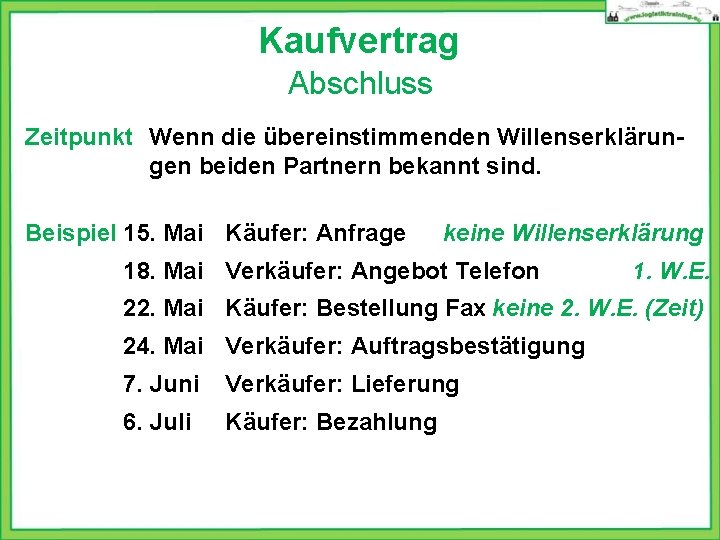 Kaufvertrag Abschluss Zeitpunkt Wenn die übereinstimmenden Willenserklärungen beiden Partnern bekannt sind. Beispiel 15. Mai