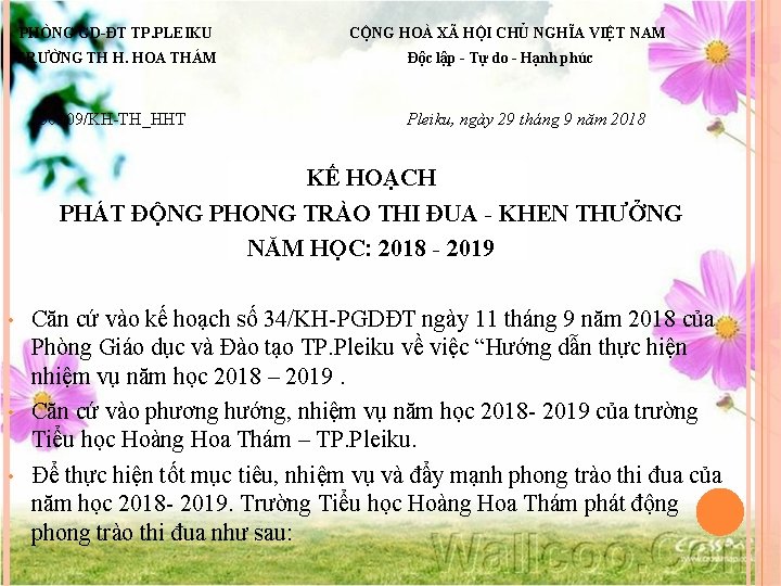 PHÒNG GD-ĐT TP. PLEIKU TRƯỜNG TH H. HOA THÁM Số: 09/KH-TH_HHT CỘNG HOÀ XÃ