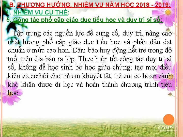 B. PHƯƠNG HƯỚNG, NHIỆM VỤ NĂM HỌC 2018 - 2019: II. NHIỆM VỤ CỤ