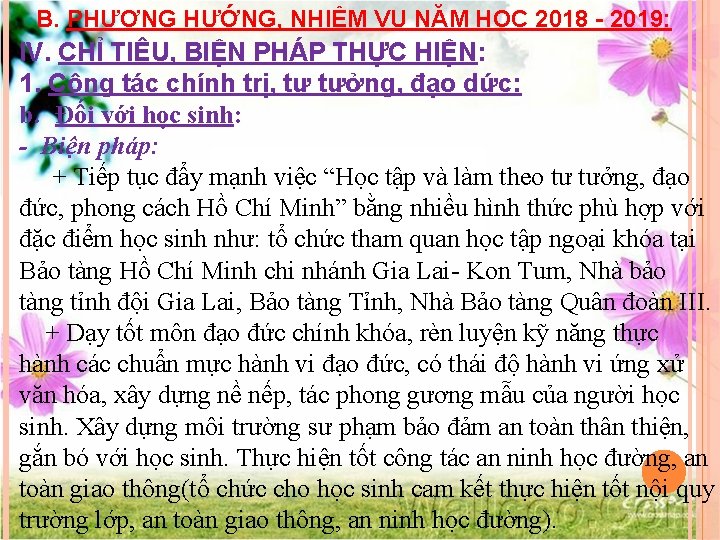 B. PHƯƠNG HƯỚNG, NHIỆM VỤ NĂM HỌC 2018 - 2019: IV. CHỈ TIÊU, BIỆN