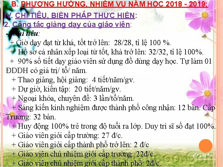 B. PHƯƠNG HƯỚNG, NHIỆM VỤ NĂM HỌC 2018 - 2019: IV. CHỈ TIÊU, BIỆN