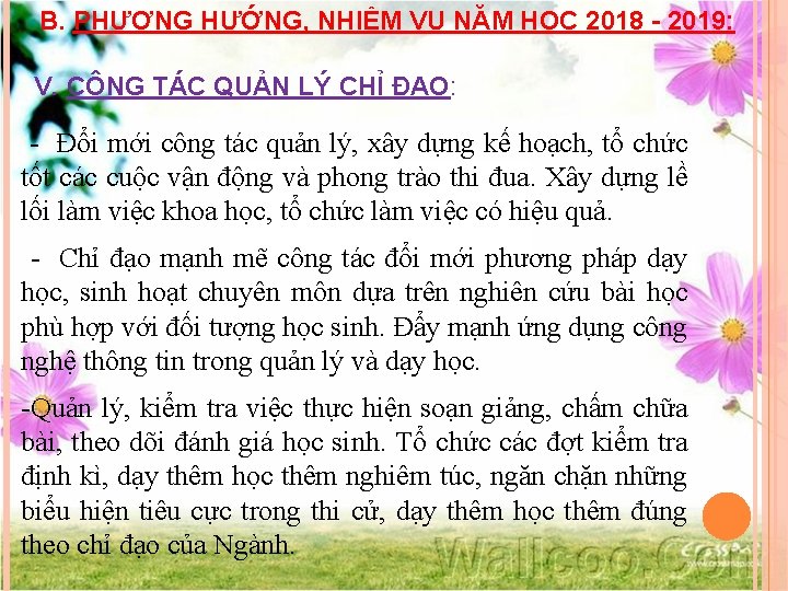 B. PHƯƠNG HƯỚNG, NHIỆM VỤ NĂM HỌC 2018 - 2019: V. CÔNG TÁC QUẢN