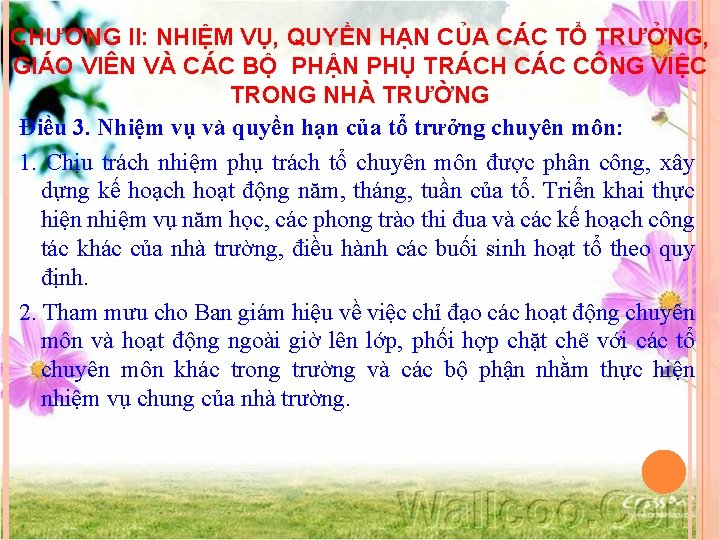 CHƯƠNG II: NHIỆM VỤ, QUYỀN HẠN CỦA CÁC TỔ TRƯỞNG, GIÁO VIÊN VÀ CÁC