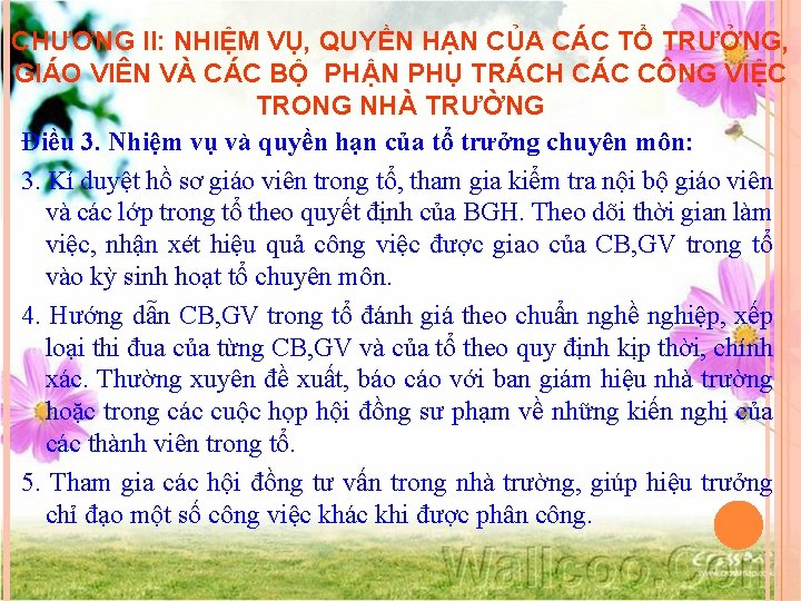 CHƯƠNG II: NHIỆM VỤ, QUYỀN HẠN CỦA CÁC TỔ TRƯỞNG, GIÁO VIÊN VÀ CÁC