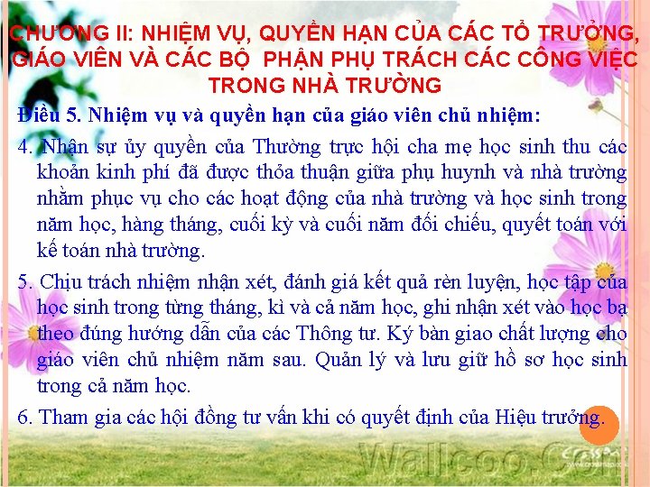 CHƯƠNG II: NHIỆM VỤ, QUYỀN HẠN CỦA CÁC TỔ TRƯỞNG, GIÁO VIÊN VÀ CÁC