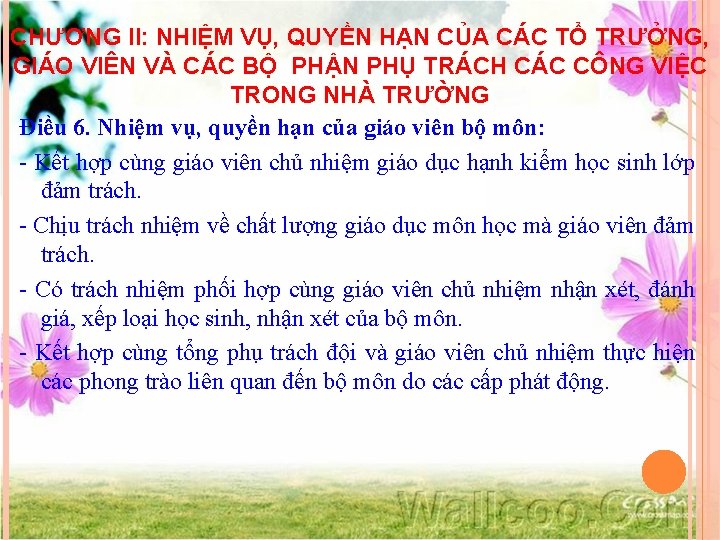 CHƯƠNG II: NHIỆM VỤ, QUYỀN HẠN CỦA CÁC TỔ TRƯỞNG, GIÁO VIÊN VÀ CÁC