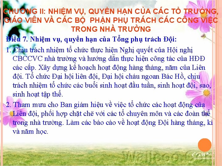 CHƯƠNG II: NHIỆM VỤ, QUYỀN HẠN CỦA CÁC TỔ TRƯỞNG, GIÁO VIÊN VÀ CÁC