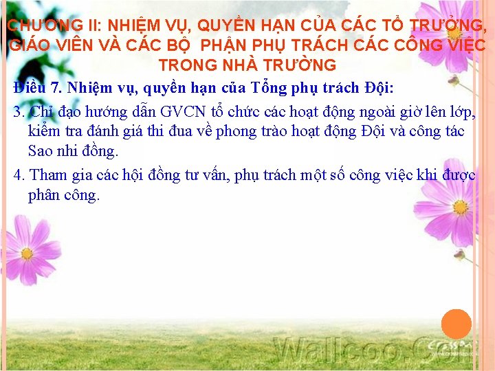 CHƯƠNG II: NHIỆM VỤ, QUYỀN HẠN CỦA CÁC TỔ TRƯỞNG, GIÁO VIÊN VÀ CÁC