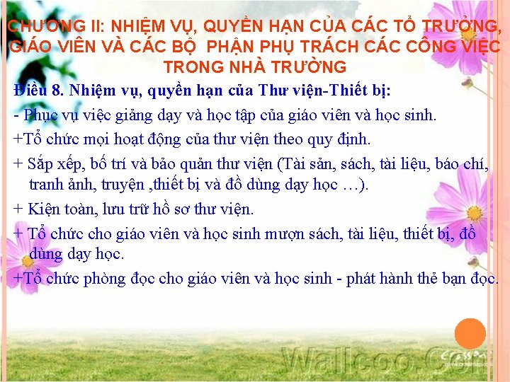 CHƯƠNG II: NHIỆM VỤ, QUYỀN HẠN CỦA CÁC TỔ TRƯỞNG, GIÁO VIÊN VÀ CÁC