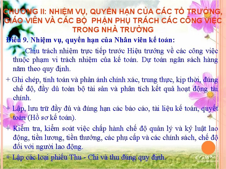 CHƯƠNG II: NHIỆM VỤ, QUYỀN HẠN CỦA CÁC TỔ TRƯỞNG, GIÁO VIÊN VÀ CÁC