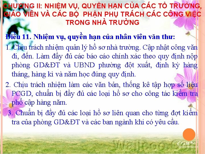 CHƯƠNG II: NHIỆM VỤ, QUYỀN HẠN CỦA CÁC TỔ TRƯỞNG, GIÁO VIÊN VÀ CÁC