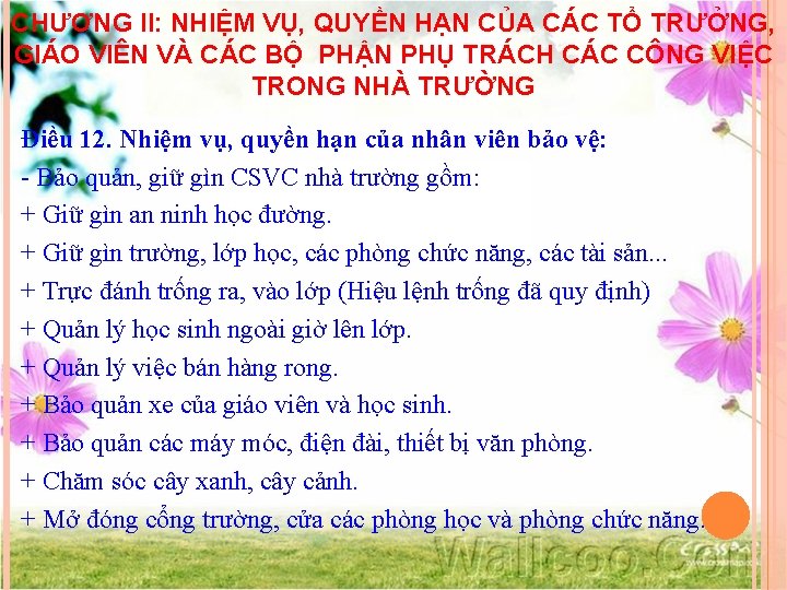 CHƯƠNG II: NHIỆM VỤ, QUYỀN HẠN CỦA CÁC TỔ TRƯỞNG, GIÁO VIÊN VÀ CÁC