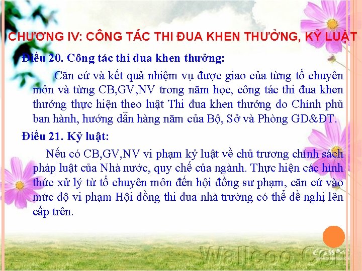 CHƯƠNG IV: CÔNG TÁC THI ĐUA KHEN THƯỞNG, KỶ LUẬT Điều 20. Công tác